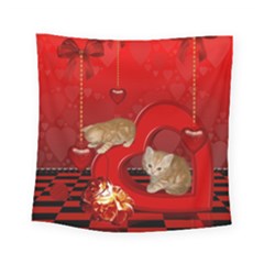 Cute, Playing Kitten With Hearts Square Tapestry (small) by FantasyWorld7