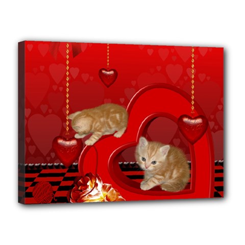 Cute, Playing Kitten With Hearts Canvas 16  X 12 