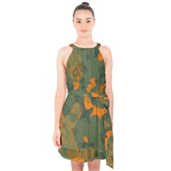 Orange Camo Melt Halter Collar Waist Tie Chiffon Dress