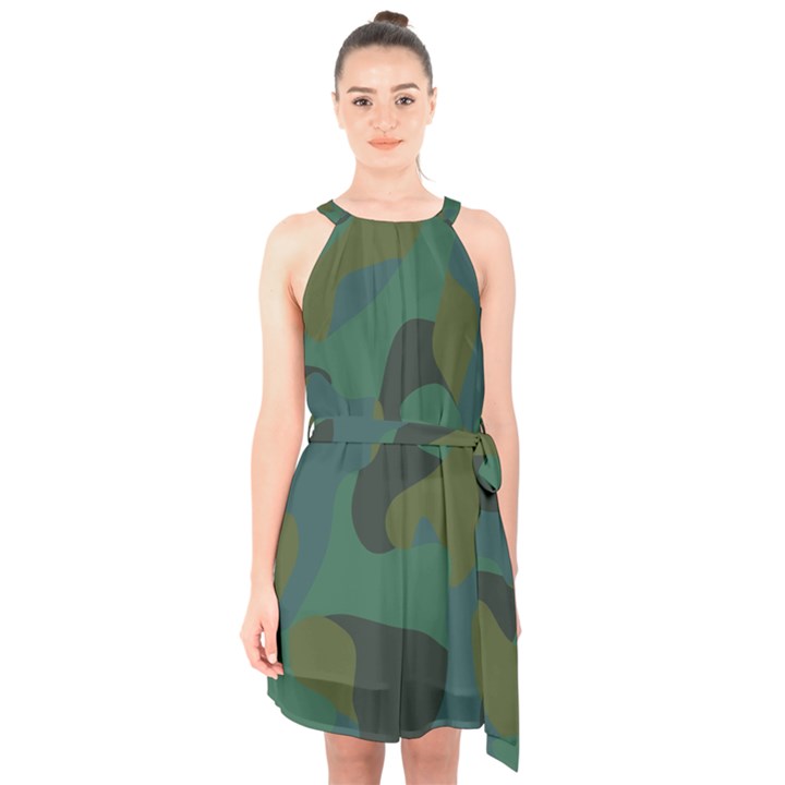 Blue Green Camo Halter Collar Waist Tie Chiffon Dress