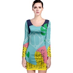 Behance Feelings Beauty Waves Blue Yellow Pink Green Leaf Long Sleeve Bodycon Dress