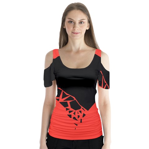 Broken Heart Tease Black Red Butterfly Sleeve Cutout Tee  by Mariart