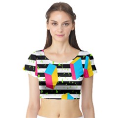Cube Line Polka Dots Horizontal Triangle Pink Yellow Blue Green Black Flag Short Sleeve Crop Top (tight Fit) by Mariart