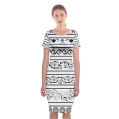 Black White Decorative Ornaments Classic Short Sleeve Midi Dress