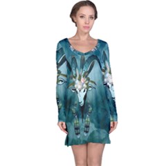 The Billy Goat  Skull With Feathers And Flowers Long Sleeve Nightdress by FantasyWorld7