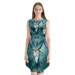 The Billy Goat  Skull With Feathers And Flowers Sleeveless Chiffon Dress   by FantasyWorld7