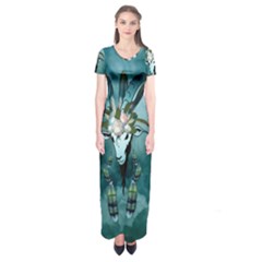 The Billy Goat  Skull With Feathers And Flowers Short Sleeve Maxi Dress by FantasyWorld7