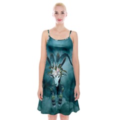 The Billy Goat  Skull With Feathers And Flowers Spaghetti Strap Velvet Dress by FantasyWorld7