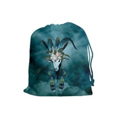 The Billy Goat  Skull With Feathers And Flowers Drawstring Pouches (large)  by FantasyWorld7