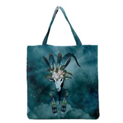 The Billy Goat  Skull With Feathers And Flowers Grocery Tote Bag by FantasyWorld7