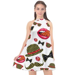 Lip Hat Vector Hipster Example Image Star Sexy Halter Neckline Chiffon Dress  by Mariart