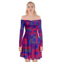 Offset Puzzle Rounded Graphic Squares In A Red And Blue Colour Set Off Shoulder Skater Dress