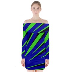 Rays Light Chevron Blue Green Black Long Sleeve Off Shoulder Dress