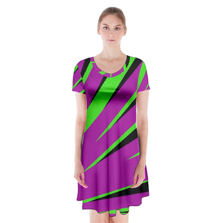 Rays Light Chevron Purple Green Black Short Sleeve V-neck Flare Dress
