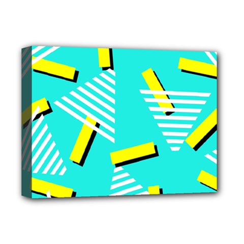 Vintage Unique Graphics Memphis Style Geometric Triangle Line Cube Yellow Green Blue Deluxe Canvas 16  X 12  