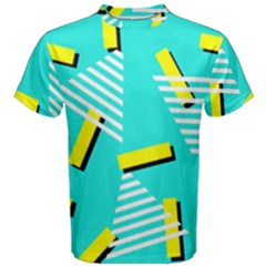 Vintage Unique Graphics Memphis Style Geometric Triangle Line Cube Yellow Green Blue Men s Cotton Tee by Mariart