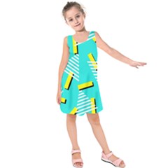 Vintage Unique Graphics Memphis Style Geometric Triangle Line Cube Yellow Green Blue Kids  Sleeveless Dress by Mariart