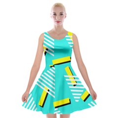 Vintage Unique Graphics Memphis Style Geometric Triangle Line Cube Yellow Green Blue Velvet Skater Dress by Mariart