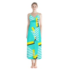 Vintage Unique Graphics Memphis Style Geometric Triangle Line Cube Yellow Green Blue Button Up Chiffon Maxi Dress by Mariart