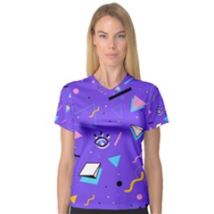 Vintage Unique Graphics Memphis Style Geometric Style Pattern Grapic Triangle Big Eye Purple Blue Women s V-neck Sport Mesh Tee