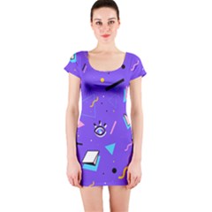 Vintage Unique Graphics Memphis Style Geometric Style Pattern Grapic Triangle Big Eye Purple Blue Short Sleeve Bodycon Dress by Mariart