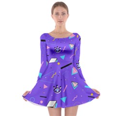 Vintage Unique Graphics Memphis Style Geometric Style Pattern Grapic Triangle Big Eye Purple Blue Long Sleeve Skater Dress by Mariart