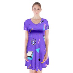 Vintage Unique Graphics Memphis Style Geometric Style Pattern Grapic Triangle Big Eye Purple Blue Short Sleeve V-neck Flare Dress by Mariart