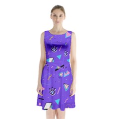 Vintage Unique Graphics Memphis Style Geometric Style Pattern Grapic Triangle Big Eye Purple Blue Sleeveless Waist Tie Chiffon Dress by Mariart