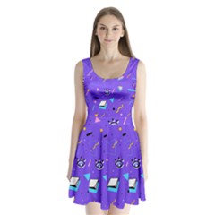 Vintage Unique Graphics Memphis Style Geometric Style Pattern Grapic Triangle Big Eye Purple Blue Split Back Mini Dress  by Mariart