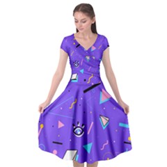 Vintage Unique Graphics Memphis Style Geometric Style Pattern Grapic Triangle Big Eye Purple Blue Cap Sleeve Wrap Front Dress