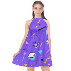 Vintage Unique Graphics Memphis Style Geometric Style Pattern Grapic Triangle Big Eye Purple Blue Halter Neckline Chiffon Dress  by Mariart