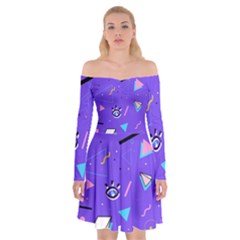 Vintage Unique Graphics Memphis Style Geometric Style Pattern Grapic Triangle Big Eye Purple Blue Off Shoulder Skater Dress