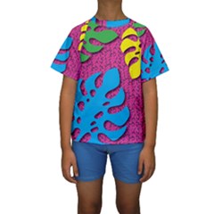 Vintage Unique Graphics Memphis Style Geometric Leaf Green Blue Yellow Pink Kids  Short Sleeve Swimwear