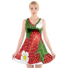 Strawberry Red Seed Leaf Green V-neck Sleeveless Skater Dress by Mariart