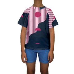 Waves Line Polka Dots Vertical Black Pink Kids  Short Sleeve Swimwear