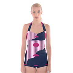 Waves Line Polka Dots Vertical Black Pink Boyleg Halter Swimsuit 