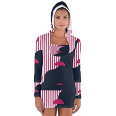 Waves Line Polka Dots Vertical Black Pink Women s Long Sleeve Hooded T-shirt