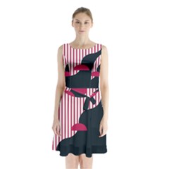 Waves Line Polka Dots Vertical Black Pink Sleeveless Waist Tie Chiffon Dress