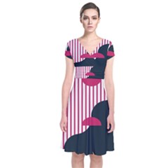 Waves Line Polka Dots Vertical Black Pink Short Sleeve Front Wrap Dress