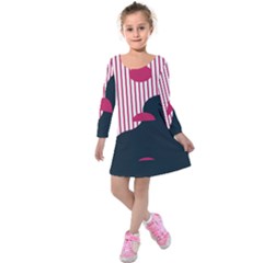 Waves Line Polka Dots Vertical Black Pink Kids  Long Sleeve Velvet Dress