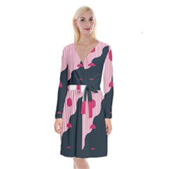 Waves Line Polka Dots Vertical Black Pink Long Sleeve Velvet Front Wrap Dress