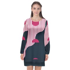 Waves Line Polka Dots Vertical Black Pink Long Sleeve Chiffon Shift Dress 