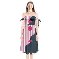 Waves Line Polka Dots Vertical Black Pink Shoulder Tie Bardot Midi Dress