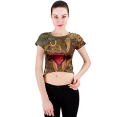 Steampunk Golden Design, Heart With Wings, Clocks And Gears Crew Neck Crop Top by FantasyWorld7