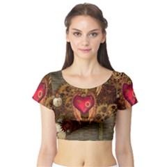 Steampunk Golden Design, Heart With Wings, Clocks And Gears Short Sleeve Crop Top (tight Fit) by FantasyWorld7