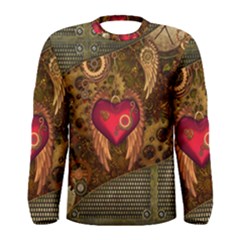 Steampunk Golden Design, Heart With Wings, Clocks And Gears Men s Long Sleeve Tee by FantasyWorld7