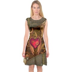 Steampunk Golden Design, Heart With Wings, Clocks And Gears Capsleeve Midi Dress by FantasyWorld7