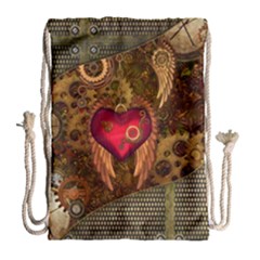 Steampunk Golden Design, Heart With Wings, Clocks And Gears Drawstring Bag (large) by FantasyWorld7