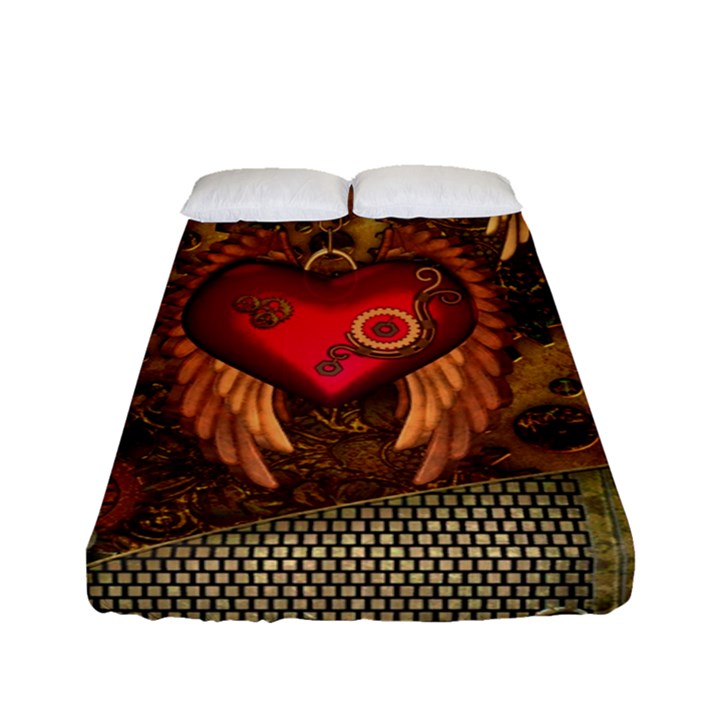 Steampunk Golden Design, Heart With Wings, Clocks And Gears Fitted Sheet (Full/ Double Size)