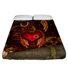 Steampunk Golden Design, Heart With Wings, Clocks And Gears Fitted Sheet (california King Size) by FantasyWorld7